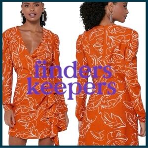 Finders Keepers Orange White Leaf Pattern Long Sleeve Ruffle Mini Dress (4)